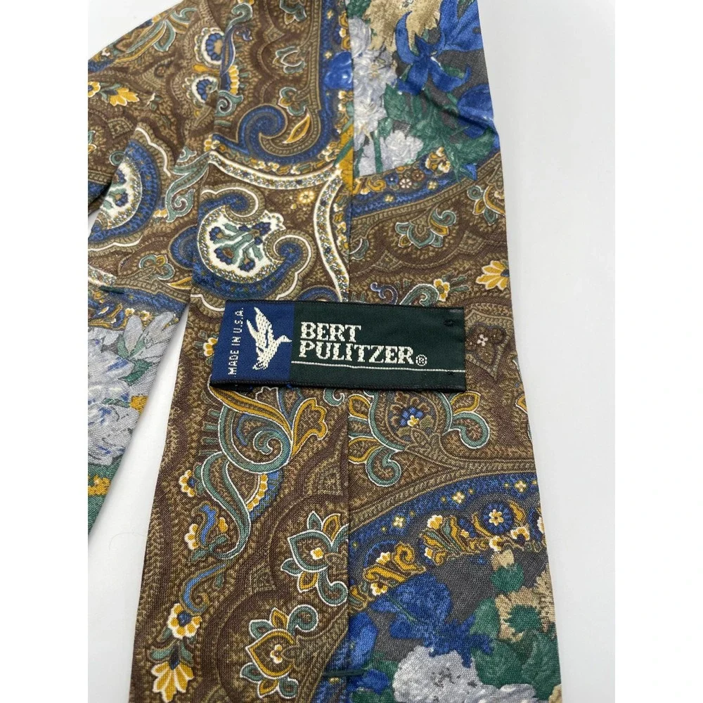 Bert Pulitzer Silk Tie Men Brown Blue Floral Paisley Made in USA Classic Necktie